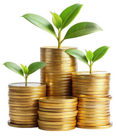 Isolated gold coins stack and plant grows